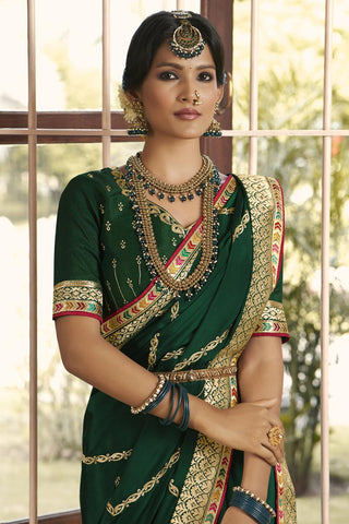 Crepe Silk Fabric Embroidered Sangeet Wear Designer Saree In Dark Green Color