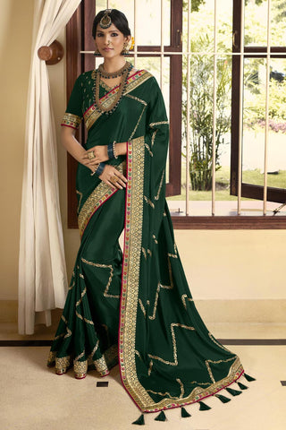 Crepe Silk Fabric Embroidered Sangeet Wear Designer Saree In Dark Green Color