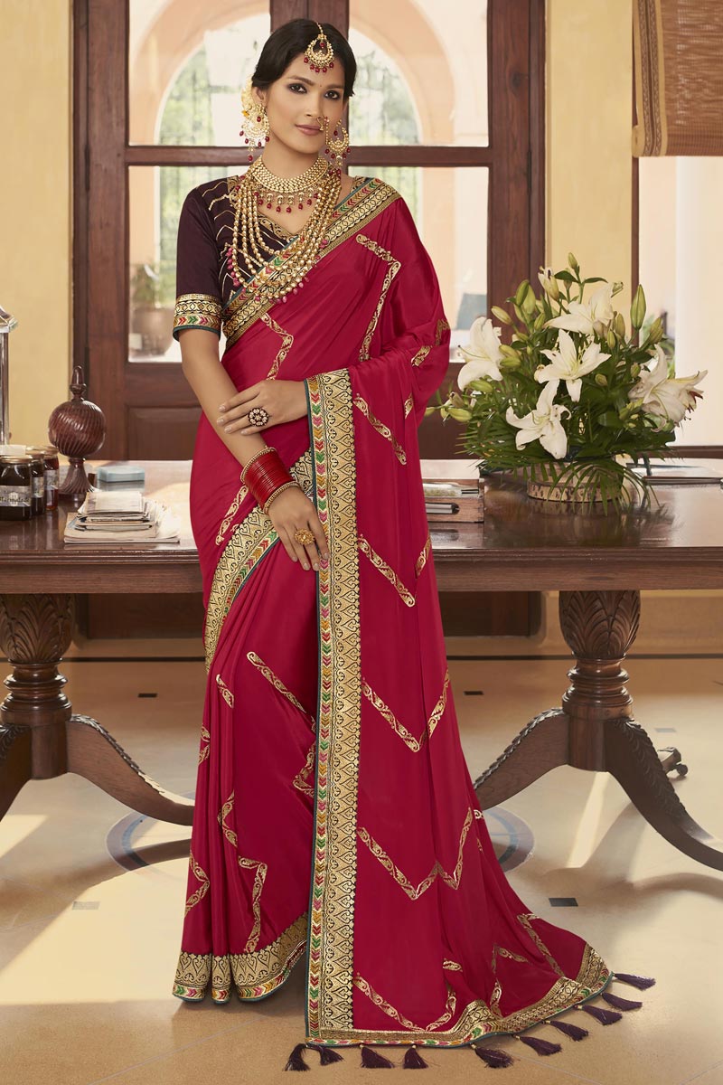 Crepe Silk Fabric Festive Wear Pink Color Embroidered Designer Saree