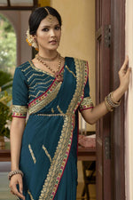 Load image into Gallery viewer, Teal Color Function Wear Crepe Silk Fabric Embroidered Designer Saree
