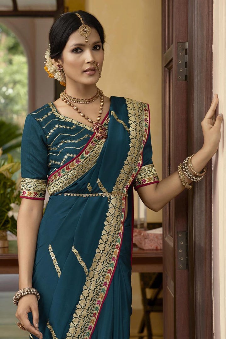 Teal Color Function Wear Crepe Silk Fabric Embroidered Designer Saree