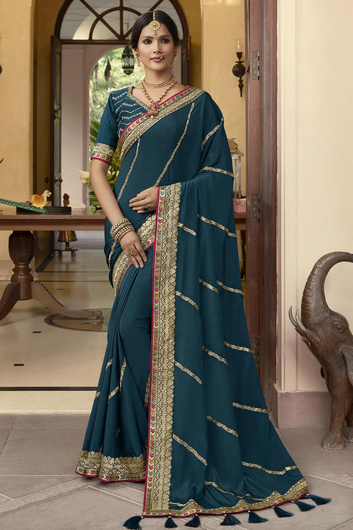 Teal Color Function Wear Crepe Silk Fabric Embroidered Designer Saree