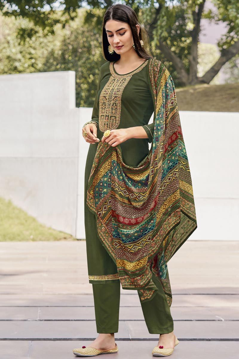Art Silk Fabric Embroidered Festive Wear Salwar Suit In Dark Dark Green Color