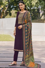 Load image into Gallery viewer, Art Silk Fabric Daily Wear Simple Embroidered Wine Color Salwar Suit
