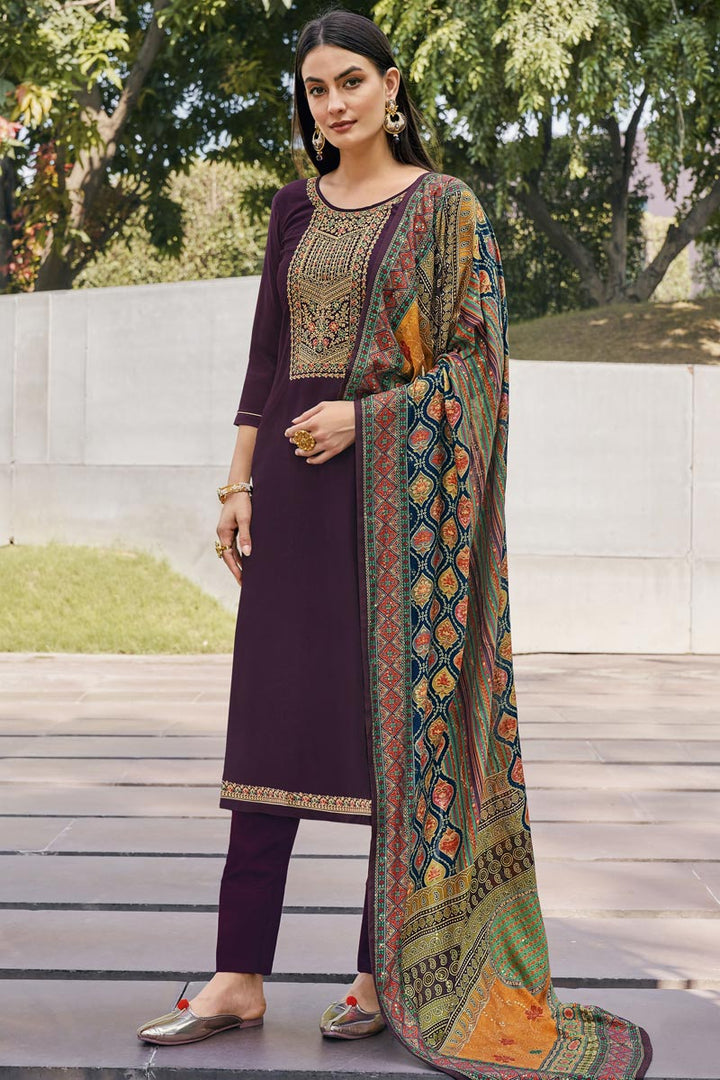 Art Silk Fabric Daily Wear Simple Embroidered Wine Color Salwar Suit