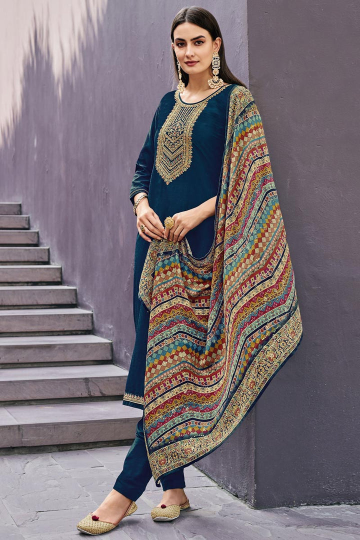 Embroidered Teal Color Festive Wear Art Silk Fabric Salwar Suit
