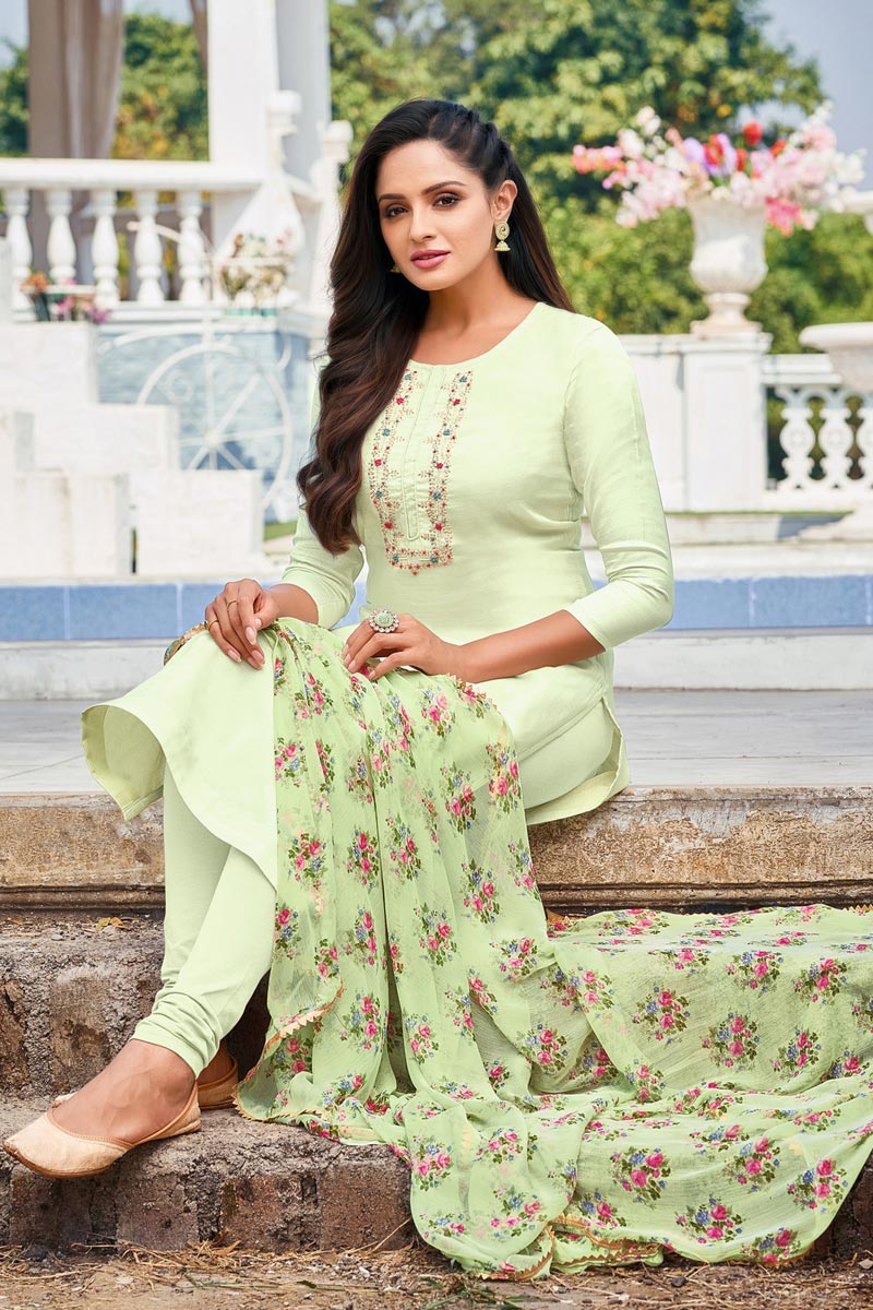 Chanderi Fabric Daily Wear Simple Embroidered Sea Sea Green Color Salwar Suit | Buy Online India