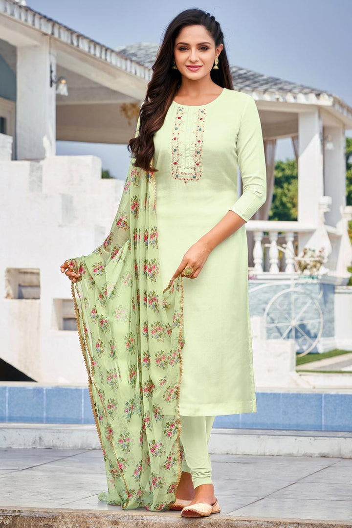 Chanderi Fabric Daily Wear Simple Embroidered Sea Sea Green Color Salwar Suit | Buy Online India