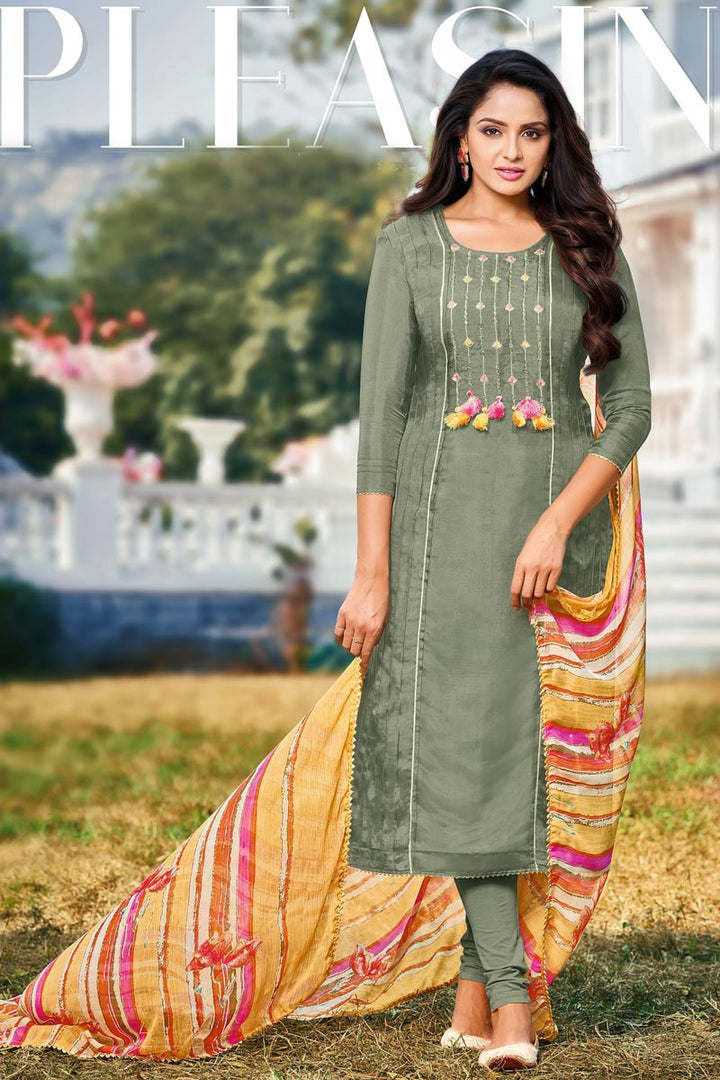 Chanderi Fabric Embroidered Festive Wear Salwar Suit In Green Color