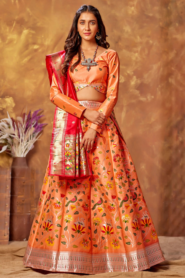 Art Silk Fabric Weaving Work Sangeet Wear Lehenga Choli In Peach Color