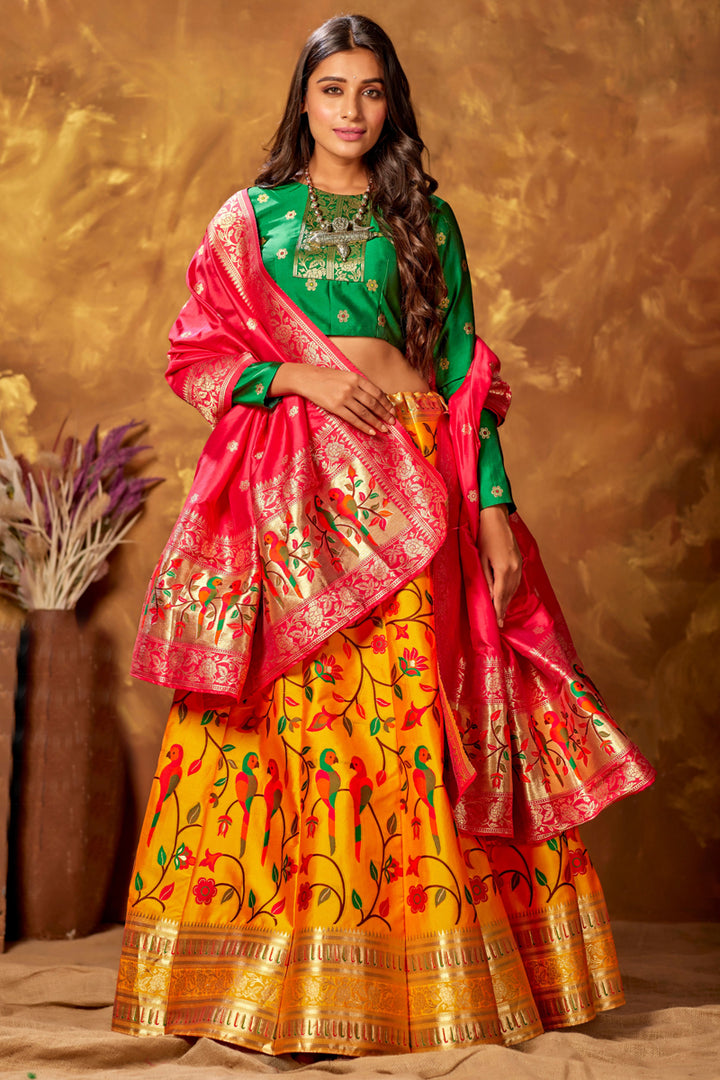 Art Silk Fabric Wedding Wear Mustard Color Weaving Work Lehenga Choli