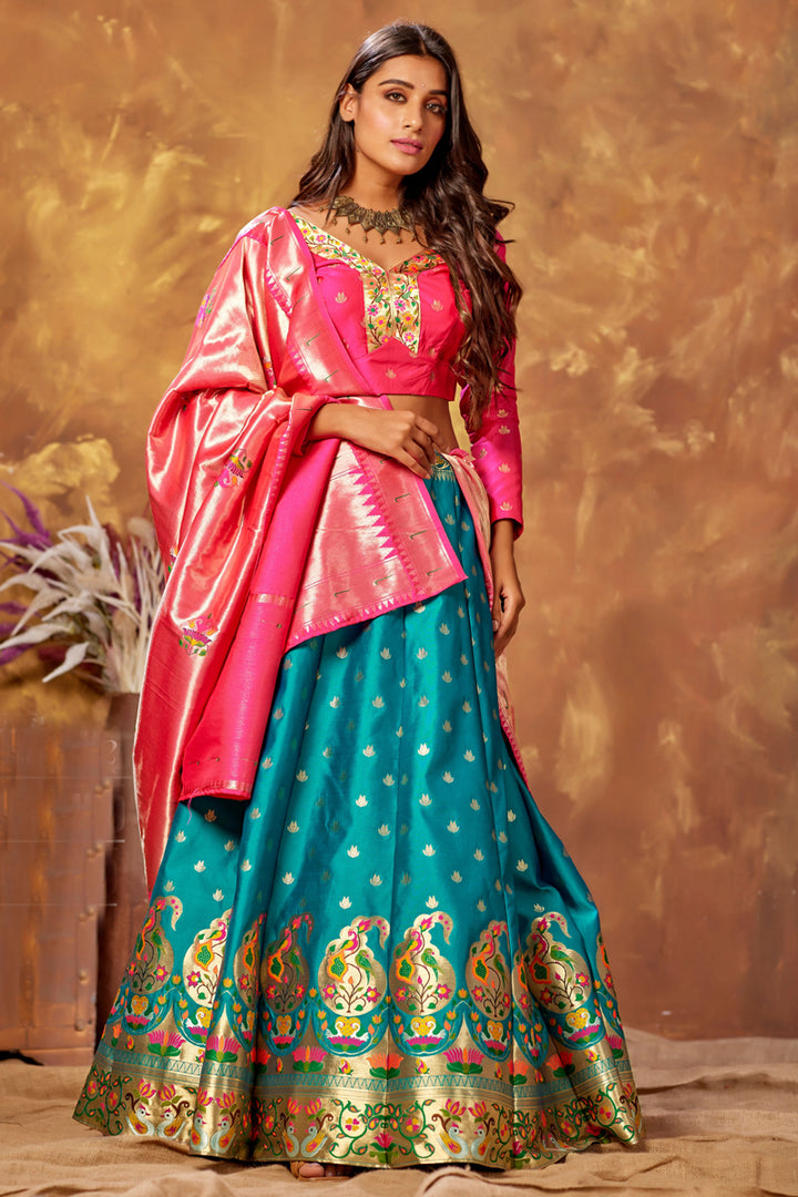 Sky Blue Color Weaving Work Sangeet Wear Lehenga Choli In Art Silk Fabric