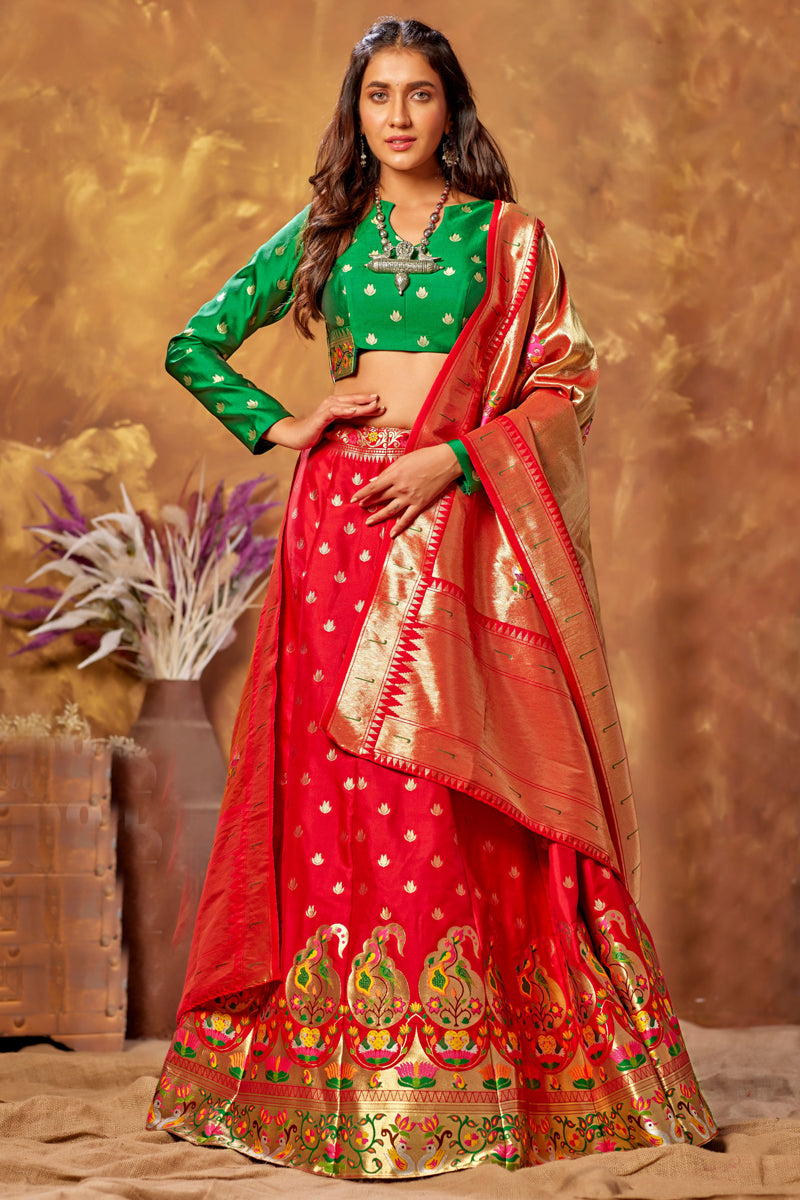 Art Silk Fabric Weaving Work Wedding Wear Lehenga Choli In Red Color