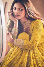 Load image into Gallery viewer, Beguiling Embroidered Work On Yellow Color Georgette Fabric Party Wear Anarkali Suit Featuring Vartika Singh
