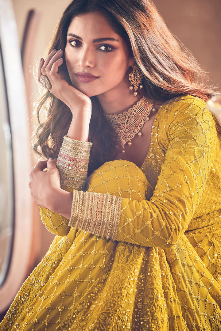 Beguiling Embroidered Work On Yellow Color Georgette Fabric Party Wear Anarkali Suit Featuring Vartika Singh