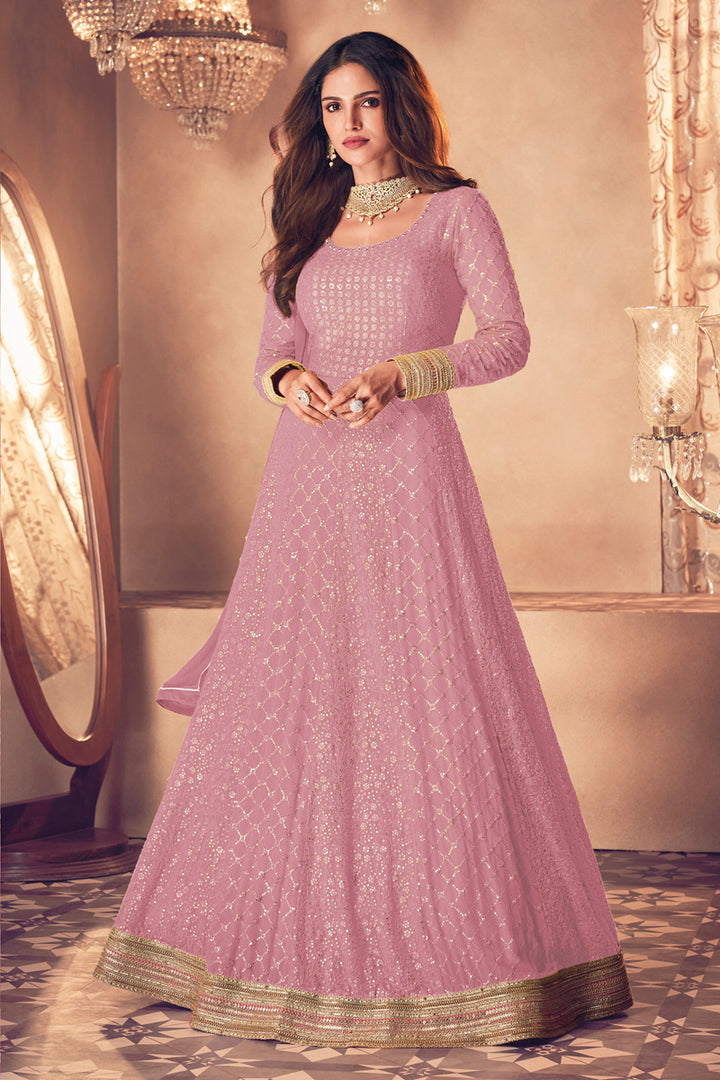 Tempting Georgette Fabric Pink Color Party Wear Anarkali Suit Featuring Vartika Singh With Embroidered Work
