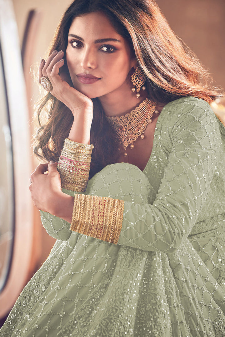 Engaging Sea Green Color Georgette Fabric Designer Anarkali Suit Featuring Vartika Singh With Embroidered Work