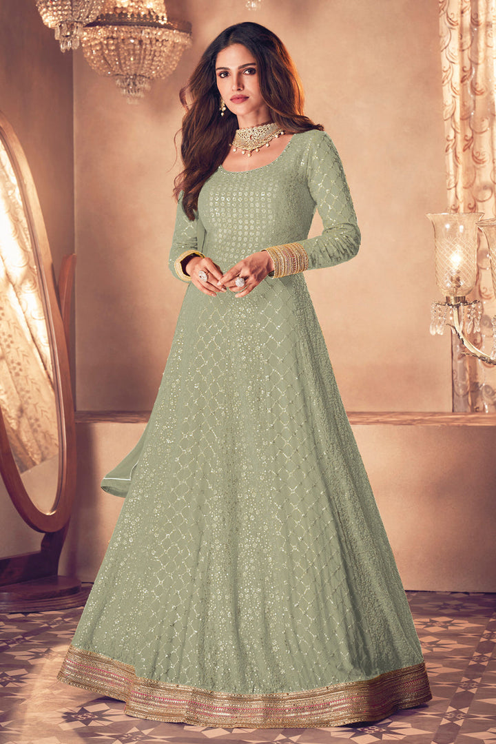 Engaging Sea Green Color Georgette Fabric Designer Anarkali Suit Featuring Vartika Singh With Embroidered Work