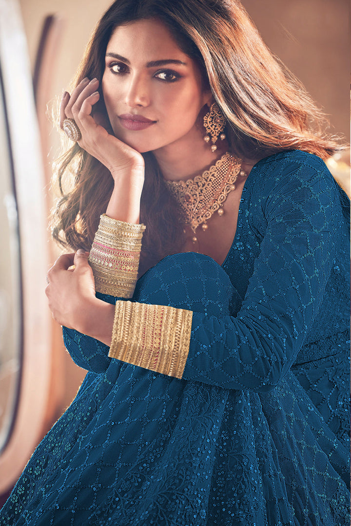Classic Embroidered Designs On Teal Color Party Wear Anarkali Suit Featuring Vartika Singh In Georgette Fabric