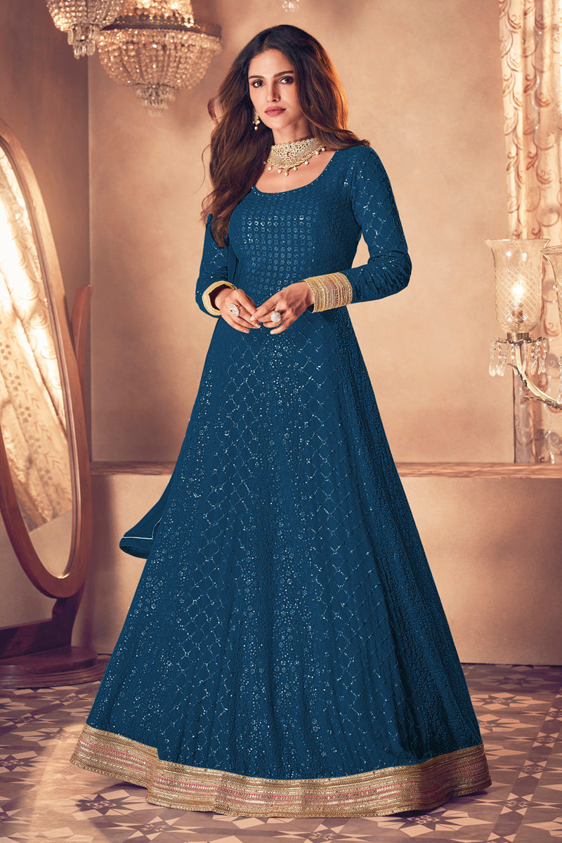 Classic Embroidered Designs On Teal Color Party Wear Anarkali Suit Featuring Vartika Singh In Georgette Fabric