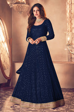 Load image into Gallery viewer, Georgette Fabric Navy Blue Color Party Wear Anarkali Suit Featuring Vartika Singh With Winsome Embroidered Work
