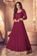 Load image into Gallery viewer, Creative Embroidered Work On Designer Anarkali Suit Featuring Vartika Singh In Maroon Color Georgette Fabric
