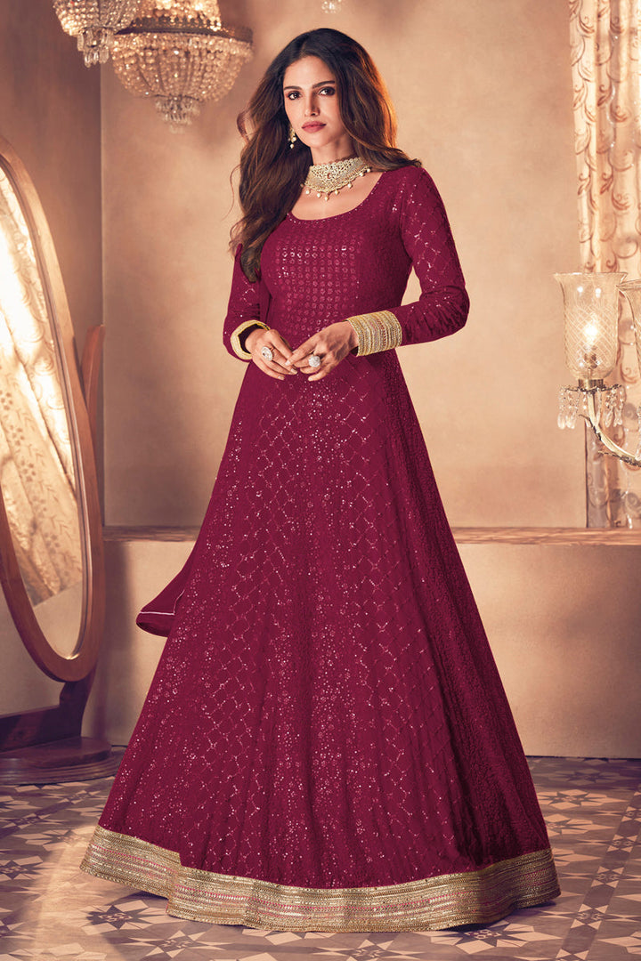 Creative Embroidered Work On Designer Anarkali Suit Featuring Vartika Singh In Maroon Color Georgette Fabric