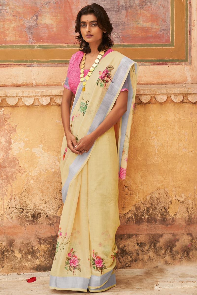 Linen Fabric Beige Color Floral Print Regular Wear Saree