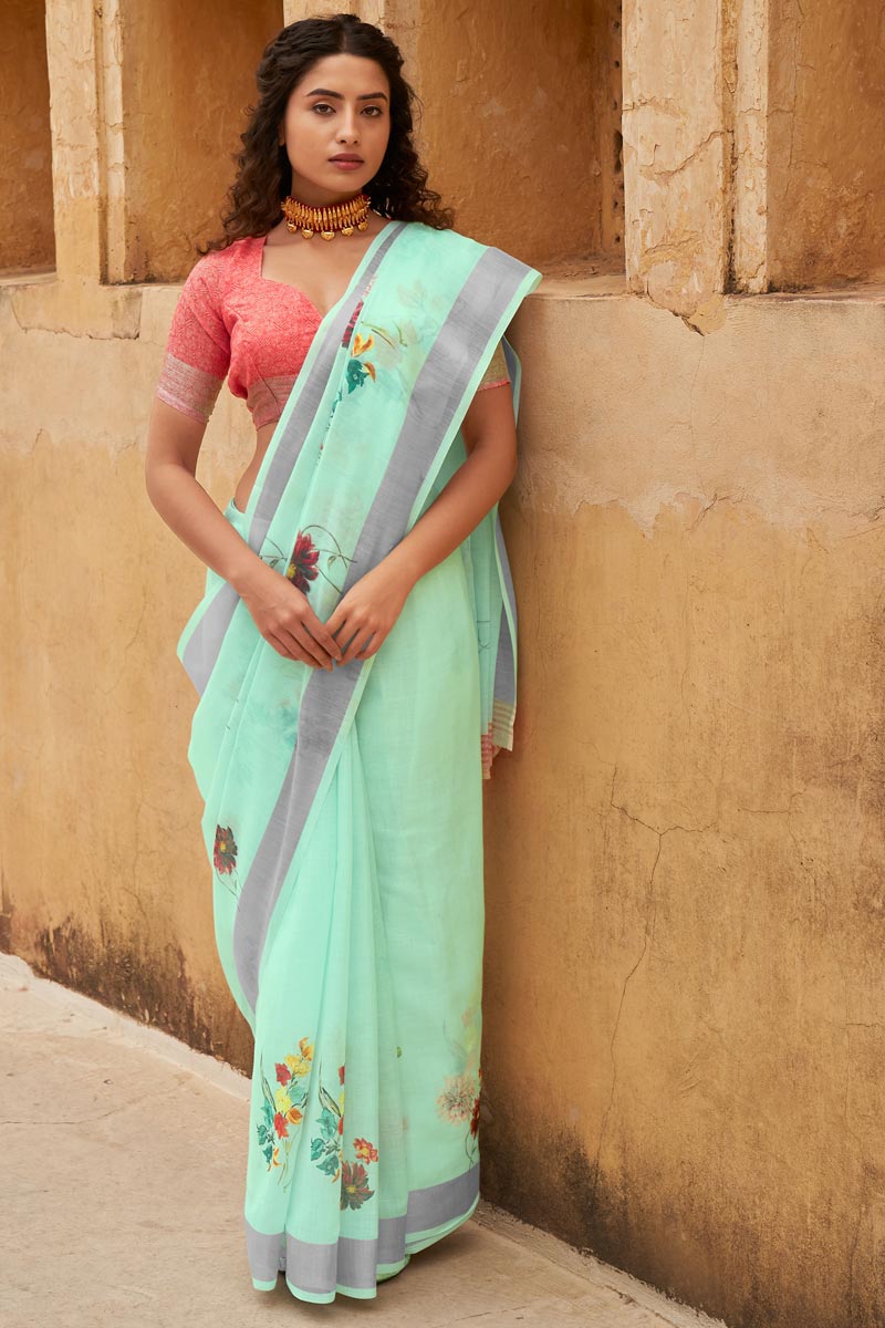 Linen Fabric Floral Print Saree In Sea Green Color