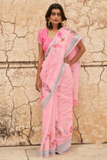 Load image into Gallery viewer, Linen Fabric Floral Print Daily Wear Saree In Pink Color
