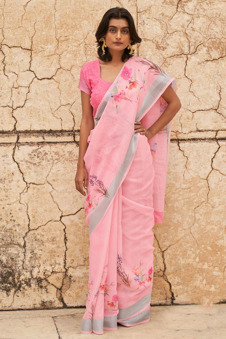 Linen Fabric Floral Print Daily Wear Saree In Pink Color