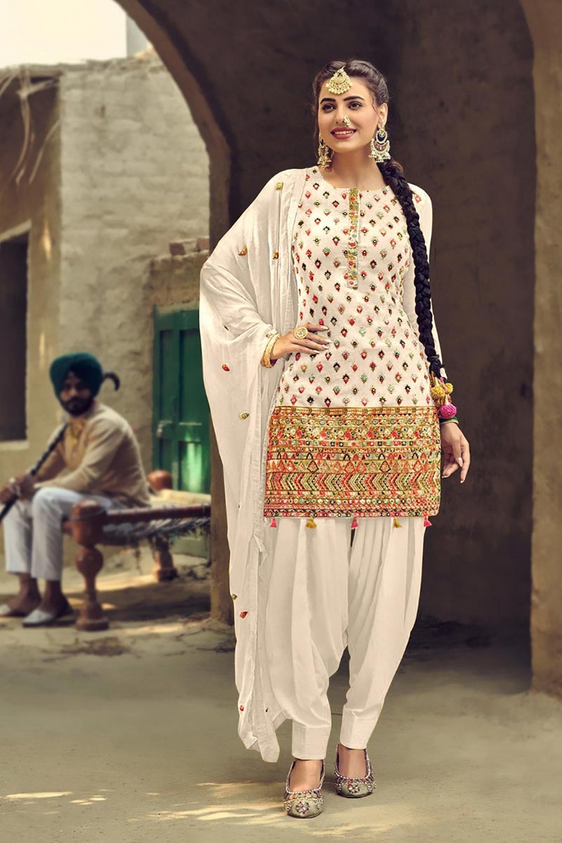 Georgette Fabric White Color Fancy Embroidered Patiala Suit
