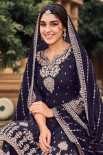 Load image into Gallery viewer, Alluring Embroidered Work Navy Blue Color Georgette Fabric Sangeet Wear Palazzo Suit
