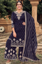 Load image into Gallery viewer, Alluring Embroidered Work Navy Blue Color Georgette Fabric Sangeet Wear Palazzo Suit
