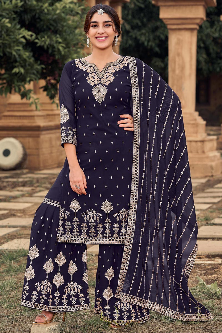 Alluring Embroidered Work Navy Blue Color Georgette Fabric Sangeet Wear Palazzo Suit