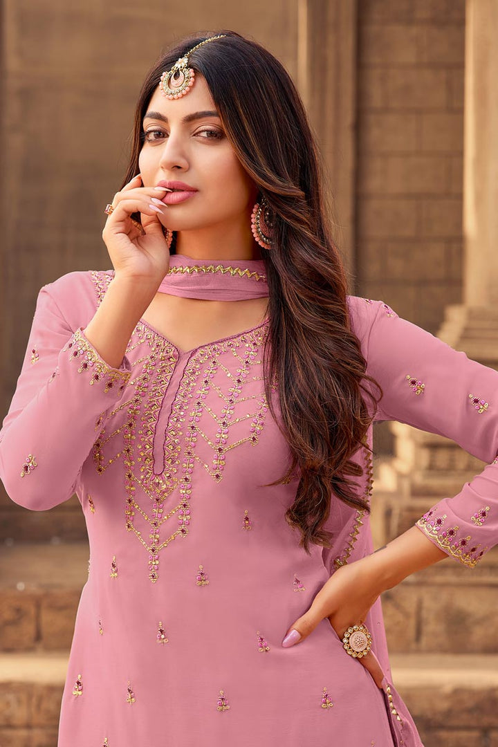 Incredible Embroidered Work  Georgette Fabric Pink Color Sangeet Wear Palazzo Suit