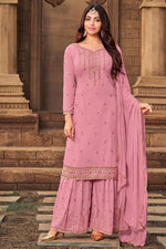 Load image into Gallery viewer, Incredible Embroidered Work  Georgette Fabric Pink Color Sangeet Wear Palazzo Suit
