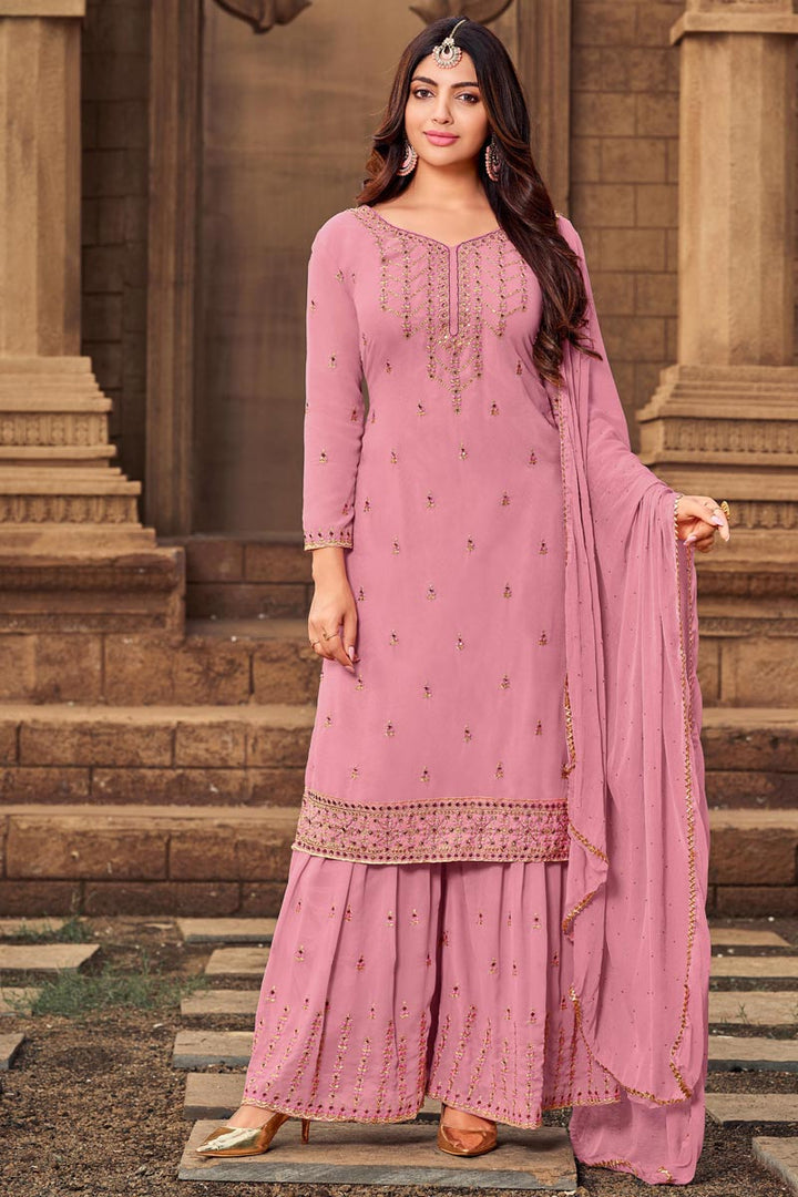 Incredible Embroidered Work  Georgette Fabric Pink Color Sangeet Wear Palazzo Suit