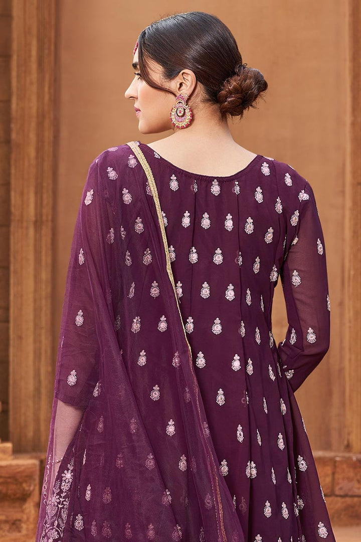 Excellent Georgette Fabric Purple Color Designer Palazzo Suit With Embroidered Work