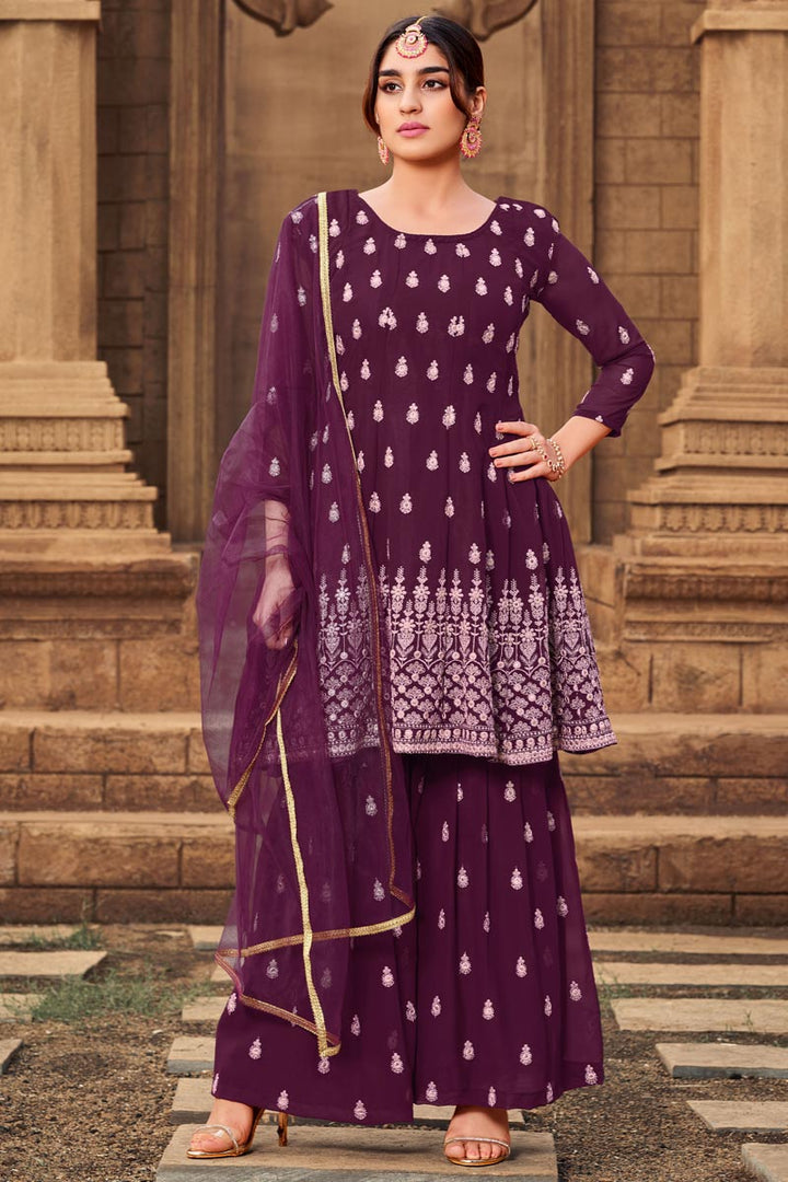 Excellent Georgette Fabric Purple Color Designer Palazzo Suit With Embroidered Work