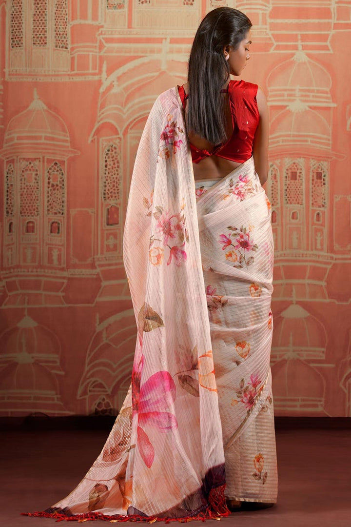 Radiant Off White Color Organza Fabric Casual Wear Saree