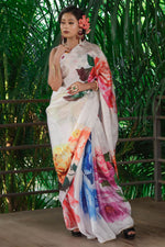 Load image into Gallery viewer, Printed Work Satin Fabric Casual Wear Off White Color Saree
