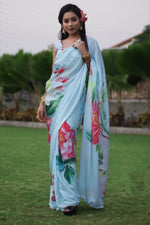 Load image into Gallery viewer, Radiant Sky Blue Color Satin Fabric Daily Wear Saree
