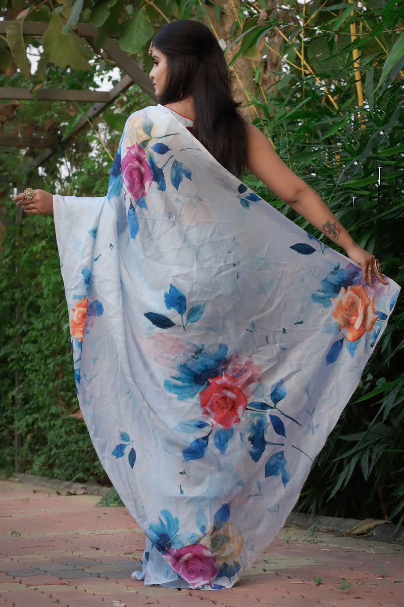Radiant Off White Color Printed Work On Casual Wear Saree In Satin Fabric