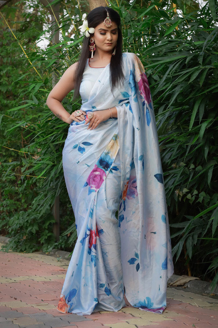 Radiant Off White Color Printed Work On Casual Wear Saree In Satin Fabric