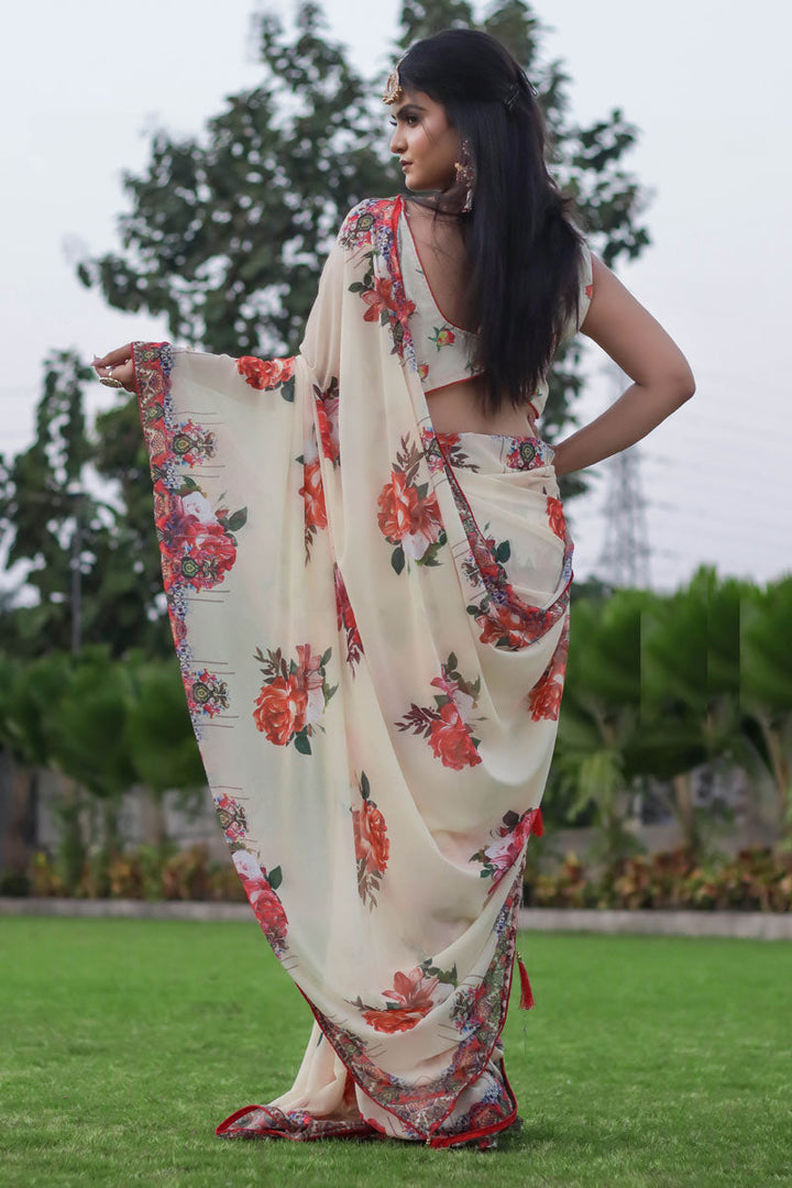 Radiant Beige Color Satin Fabric Daily Wear Saree With Floral Printed Work