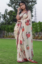 Load image into Gallery viewer, Radiant Beige Color Satin Fabric Daily Wear Saree With Floral Printed Work
