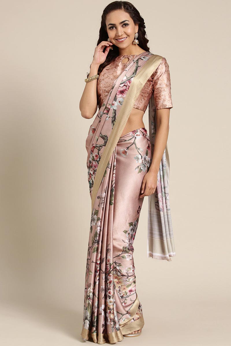 Peach Color Satin Fabric Digital Printed Work Saree