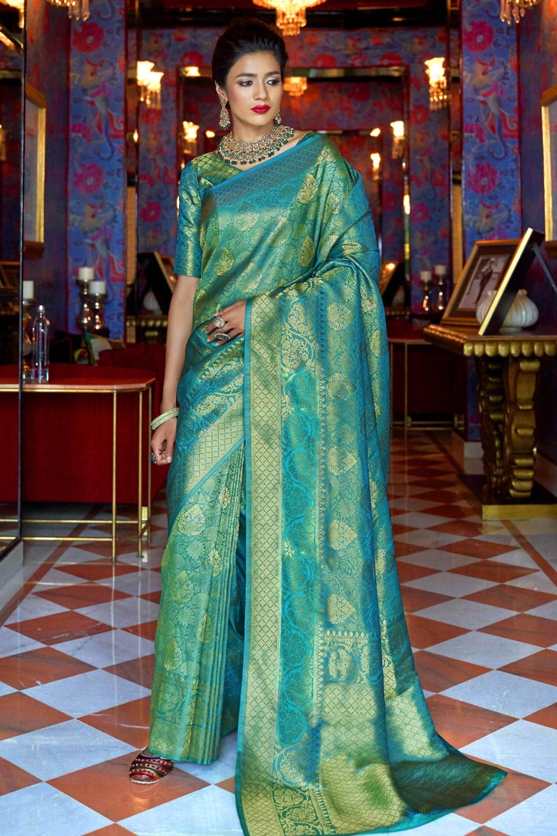 Teal Art Silk Function Wear Stylish Saree