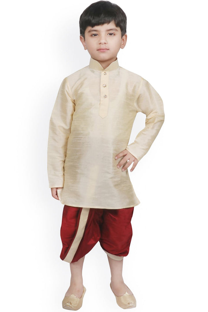 Dhupion Silk Fabric Beige Color Festive Wear Dhoti Style Readymade Kurta Pyjama For Kids Wear